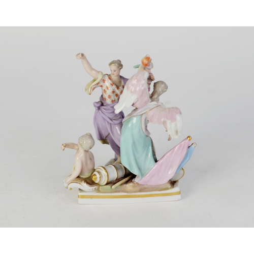 70 - MEISSEN EARLY 19th CENTURY PORCELAIN GROUP EMBLEMATIC OF WAR, with a classical female figure holding... 