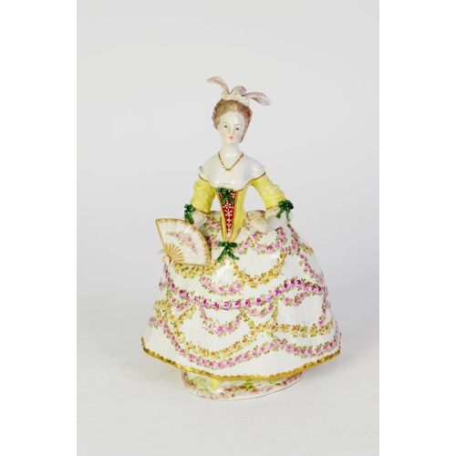 77 - PROBABLY 19th CENTURY PARIS PORCELAIN REGENCY FIGURE OF A LADY, in a décolleté crinoline dress, wear... 