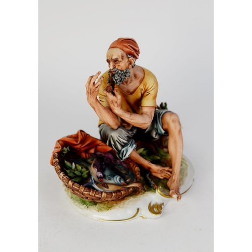 84 - MODERN CAPODIMONTE PAINTED BISQUE PORCELAIN FIGURE OF A FISHERMAN, modelled seated, smoking a pipe, ... 