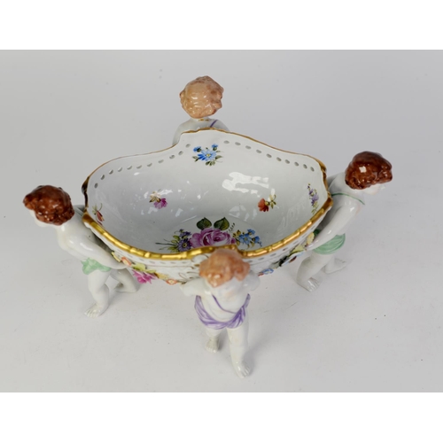 89 - MODERN CONTINENTAL FLORAL ENCRUSTED PORCELAIN FRUIT BOWL, of oval form with gilt lined and pierced b... 