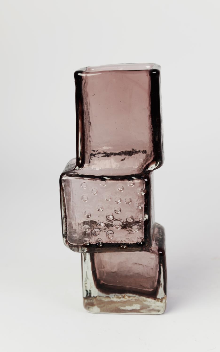 WHITEFRIARS SYLE DRUNKEN BRICKLAYERS MOULDED GLASS VASE IN AMETHYST, 8 ¼” (21cm) high