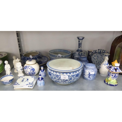 11 - 23 PIECES OF 20th CENTURY BLUE AND WHITE EUROPEAN AND ORIENTAL POTTERY, INCLUDING DUTCH DELFT BALL A... 