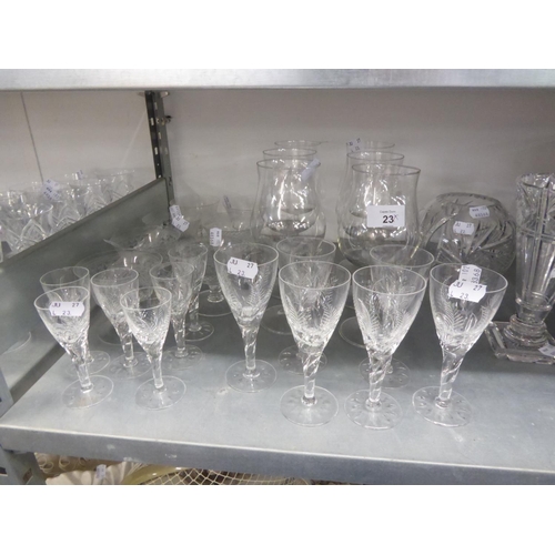 23 - SET OF SIX GLASSES WITH FERN CUT CONICAL BOWLS, ON SPIRALLY TWISTED STEMS, LEAF CUT BASES, 5 ¼” (13.... 