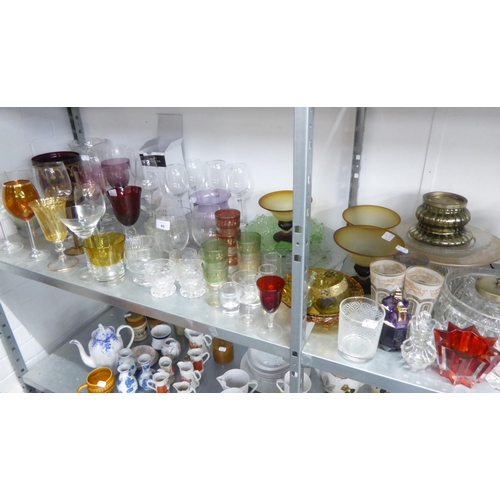 46 - GOOD SELECTION OF MISCELLANEOUS GLASS WARES, INCLUDING A LARGE GOBLET SHAPED RED GLASS VASE APPLIED ... 