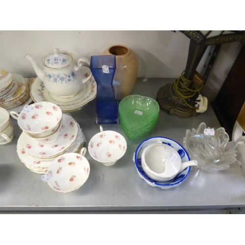 61 - FOLEY CHINA PART TEA SERVICE, COLCLOUGH CHINA TEAPOT; SUNDRY POTTERY AND GLASS FLOWER VASES, ETC.