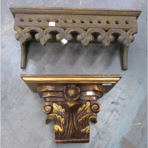 7 - 20th CENTURY CARVED WOOD WALL SHELF, OBLONG WITH 'C' SCROLL & LEAF CARVED & PIERCED FRINGE, ... 