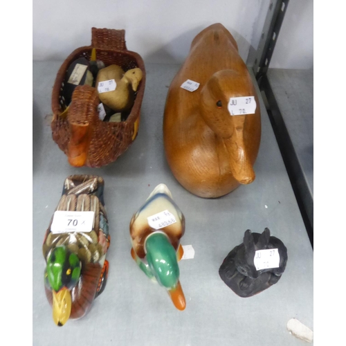 70 - COLLECTION OF 12 MODELS OF DUCKS, MAINLY CARVED WOOD AND A RESIN MODEL OF A HARE