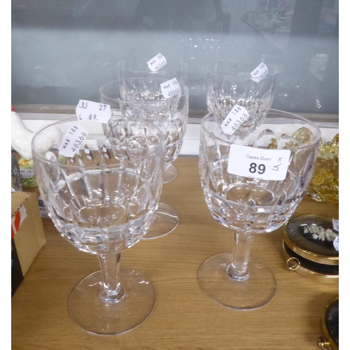 89 - SET OF FIVE CUT GLASS WINE GOBLETS, WITH BLADE AND THUMB CUT BOWLS