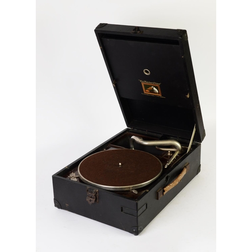 269 - HMV PORTABLE SPRING DRIVEN TABLE TOP RECORD PLAYER in black fabric case, with key and winding handle... 