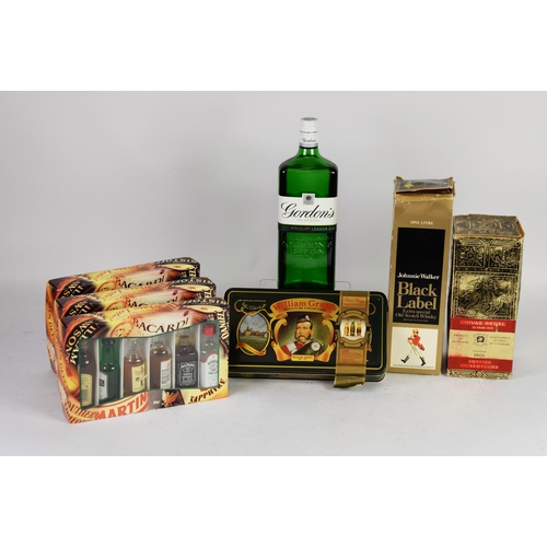 135 - THREE BOXES OF SCOTCH WHISKY and DRY GIN MINIATURES, together with a tin boxed set of six WILLIAM GR... 