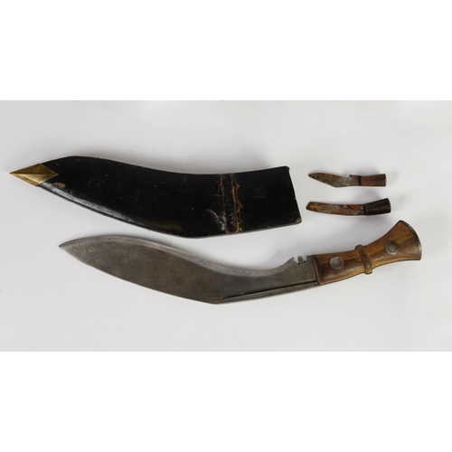 40 - A GHURKA KNIFE in LEATHER SHEATH with two small subsidiary KNIVES