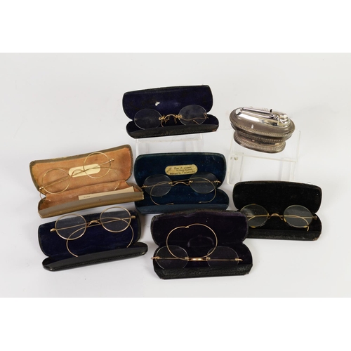 281 - TWO PAIRS OF EARLY 20th CENTURY GILT WIRE FRAMED SPECTACLES (one pair lacks lenses); TWO OTHER PAIRS... 