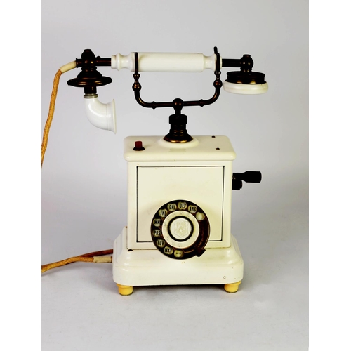 278 - POST-WAR, PROBABLY FRENCH, TALL WHITE ENAMEL AND BRASS CRADLE TELEPHONE with side crank handle and c... 