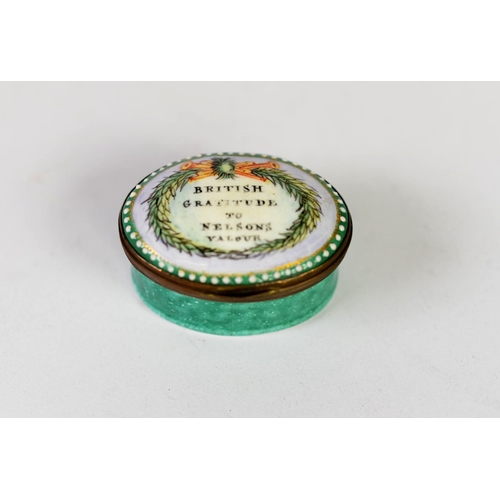 279 - EARLY 19th CENTURY, POSSIBLY BILSTON, ENAMEL OVAL PATCH BOX, the hinge lid with motto within a wreat... 