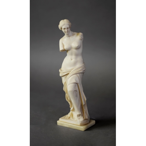 297 - AFTER GIOMMELLI, PRE-WAR CARVED ALABASTER FIGURE OF VENUS DI MILO, on alabaster oblong plinth base, ... 