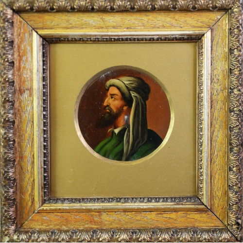 300 - MIDDLE EASTERN SCHOOL, LATE NINETEENTH CENTURY CIRCULAR OIL BOARD, portrait in profile of a bearded ... 