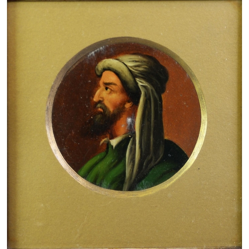 300 - MIDDLE EASTERN SCHOOL, LATE NINETEENTH CENTURY CIRCULAR OIL BOARD, portrait in profile of a bearded ... 