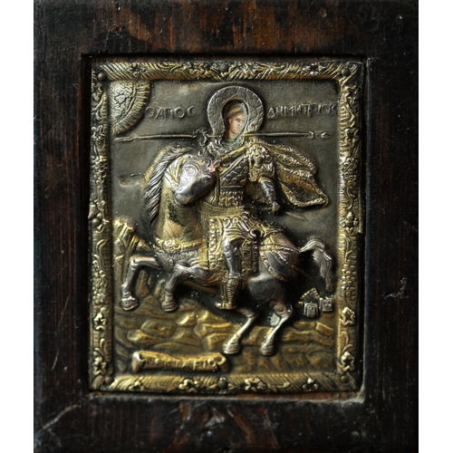 301 - TWENTIETH CENTURY BYZANTINE SILVER RELIEF AND PAINTED ICON of a saintly warrior on rearing horse, 3 ... 