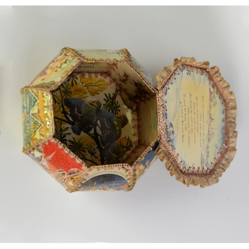 309 - CIRCA 1920's PLASTIC CHRISTMAS BOX 'THE SEASONS HAPPY GREETINGS' of hexagonal and stitched form, all... 