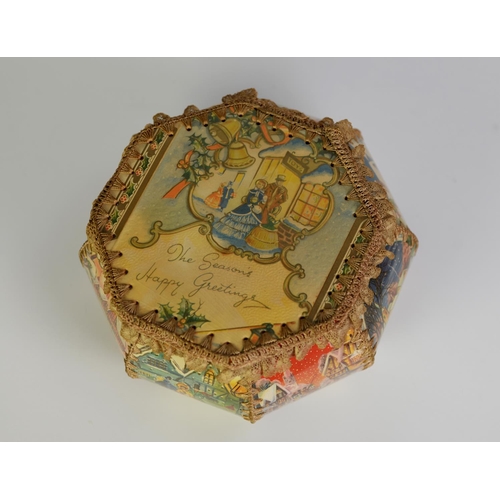 309 - CIRCA 1920's PLASTIC CHRISTMAS BOX 'THE SEASONS HAPPY GREETINGS' of hexagonal and stitched form, all... 