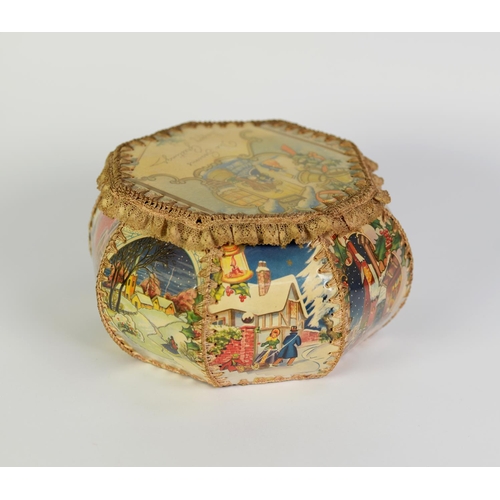 309 - CIRCA 1920's PLASTIC CHRISTMAS BOX 'THE SEASONS HAPPY GREETINGS' of hexagonal and stitched form, all... 