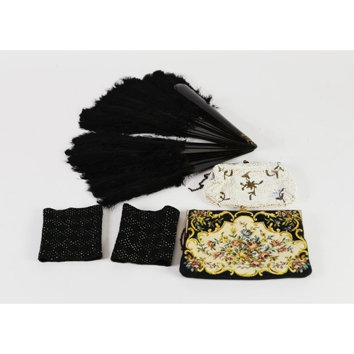 366 - ORIENTAL BLACK OSTRICH FEATHER AND EBONISED WOOD BRISE FAN, (required to be re-tied) with ribbon, PA... 