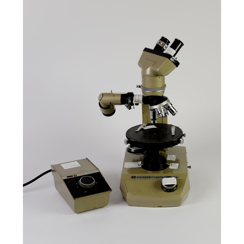 70 - VICKERS M72 SERIES BINOCULAR POLARIZING MICROSCOPE, with four objective lenses fitted, 16 1/4