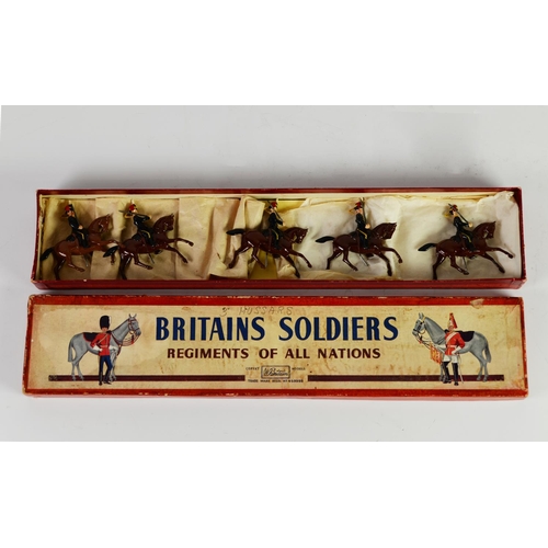 185 - BRITAINS BOXED LEAD SET OF FIVE MOUNTED CAVALRY - 3rd HUSSARS, circa 1950 - 1960, good, in pictorial... 