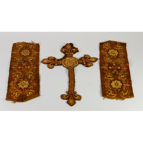 368 - THREE GOLD BROCADE FABRIC PIECES FROM A CLERGYMAN'S VESTMENTS, two floral panels and a cross with fl... 