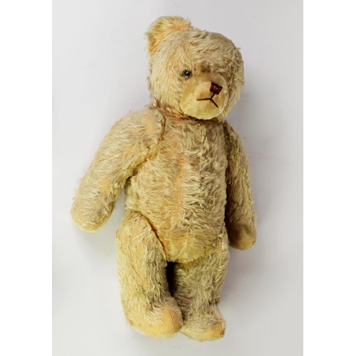 194 - PRE-WAR BLOND PLUSH TEDDY BEAR of English manufacture, shaved broad snout with stitched detail, arti... 