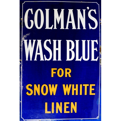 258 - MID 20th CENTURY BLUE SINGLE SIDED ENAMEL SIGN - COLMANS WASH - white and orange lettering on dark b... 