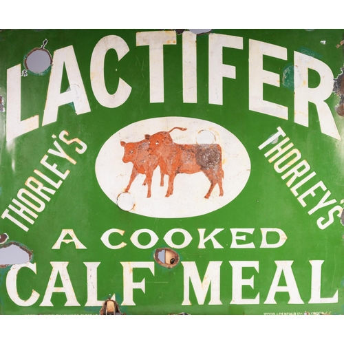 259 - MID 20th CENTURY SINGLE SIDED ENAMEL SIGN - THORLEY'S LACTIFER A COOKED CALF MEAT - with central ima... 