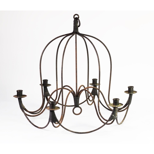 262 - 19th CENTURY WIRE WORK SIX LIGHT CHANDELIER of bonnet shape, the scroll branches and supports bound ... 