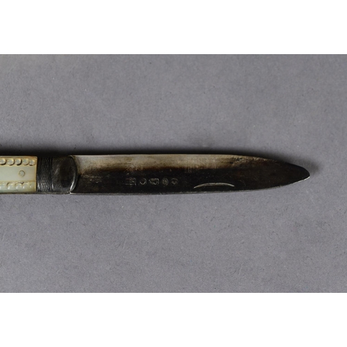 340 - VICTORIAN CLASP FRUIT KNIFE with silver blade, Sheffield 1870 and carved mother of pearl handle, (as... 