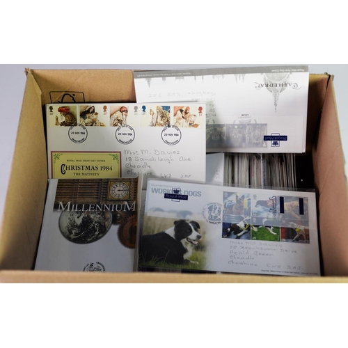 112 - CARDBOARD BOX CONTAINING APPROXIMATELY 300 G.B. FDCs, lightly pencilled hand-written addresses