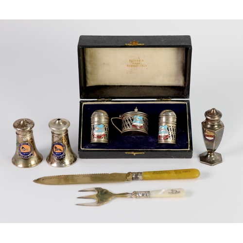 203 - BOXED SET OF THREE ELECTROPLATE CONDIMENTS, Souvenir from Wembley 1924, each applied with enamel bad... 