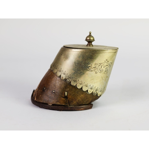 237 - ELECTROPLATE MOUNTED HORSE’S HOOF TOBACCO JAR AND COVER, with flat hinged cover and engraved border