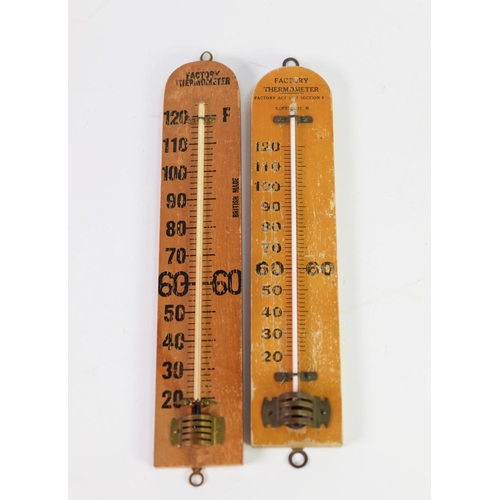 239 - TWO BLONDE WOOD FACTORY THERMOMETERS, one marked for the Factory Act, (2)