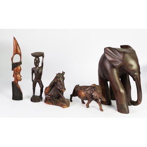 244 - TWO WELL CARVED WOOD MODELS OF WILD BOARS, one modelled standing, the other seated, together with TW... 