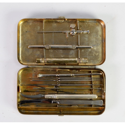 245 - DOWN BROTHERS, LONDON, SMALL TIN OF MEDICAL INSTRUMENTS, with removable holder/ stand, mainly needle... 