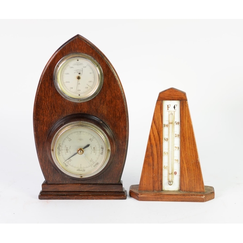 63 - EARLY TWENTIETH CENTURY WALL MOUNTED ANEROID BAROMETER AND THERMOMETER, mounted on a shaped and stai... 