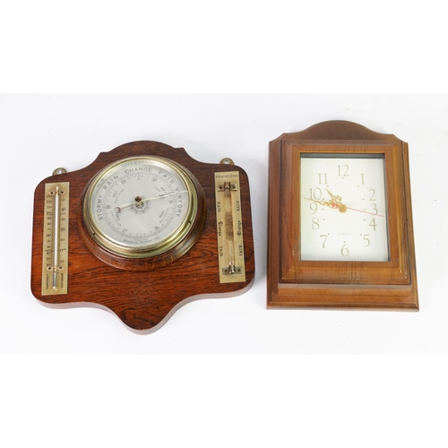 64 - EARLY TWENTIETH CENTURY WALL MOUNTED ANEROID BAROMETER, THERMOMETER AND STORM GLASS, mounted on a sh... 