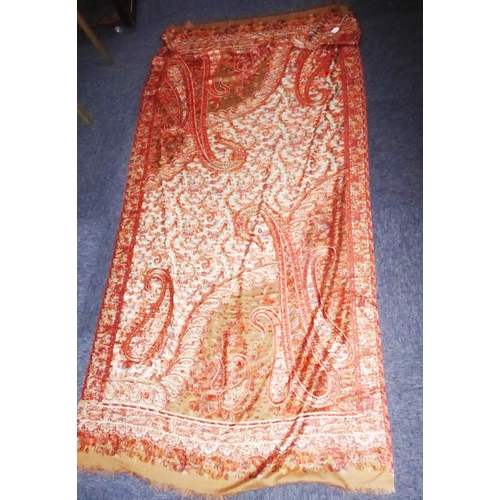 351 - PAISLEY SHAWL WITH BOTEH MOTIFS IN RED, on a beige and white field, 7ft x 3ft6in (213.3 x 106.6cm)