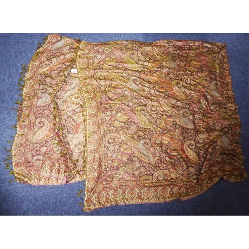 353 - LARGE, ALMOST SQUARE PAISLEY SHAWL, WITH ALL-OVER LARGE BOTEH PATTERN, on a dark brown field, with c... 