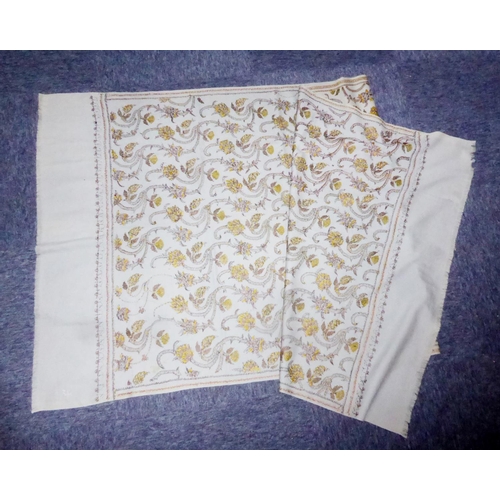 358 - LONG NARROW GREY FABRIC SHAWL,  hand embroidered with a repeat pattern of foliate scrolls with yello... 