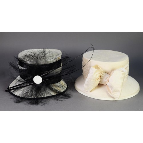 360 - JOHN LEWIS LADY'S WHITE STRAW HAT, with black fabric bands and black feather adornment, AND AN ALL W... 