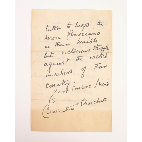 90 - CHURCHILL, CLEMENTINE, AUTOGRAPHED HAND-WRITTEN LETTER DATED APRIL 1943, on two sides of a single sh... 