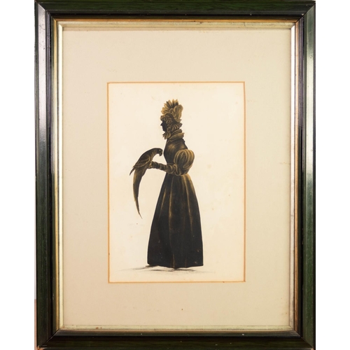 338 - EARLY VICTORIAN BLACK PAINTED SILHOUETTE on paper of a lady standing holding a parrot, with bronzed ... 