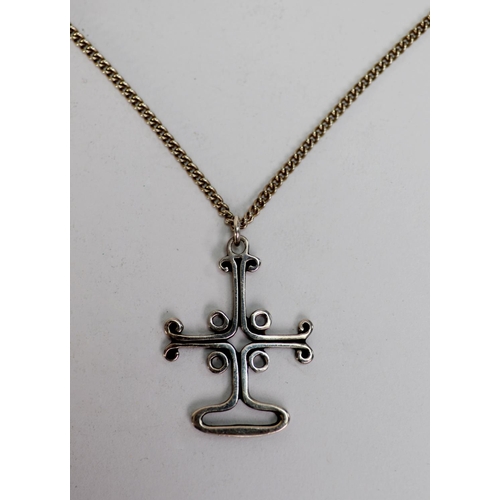 415 - SILVER FINE CHAIN NECKLACE & O.M.G. ORKNEY SILVER COLOURED METAL CELTIC CROSS PENDANT and a 9ct ... 