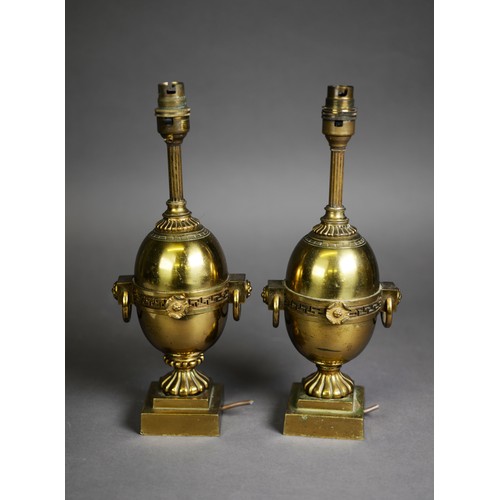 319 - PAIR OF PRE-WAR GILT METAL CLASSICAL ORB FORM PEDESTAL TABLE LAMPS, the Greek-key girdle with free r... 